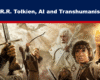 Expose News Fantasy characters depicted with weapons and magic, showcasing J.R.R. Tolkien's influence. Text: "J.R.R. Tolkien, AI and Transhumanism."