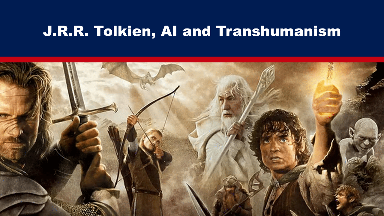 AugFeat26 - The Expose Expose News Fantasy characters depicted with weapons and magic, showcasing J.R.R. Tolkien's influence. Text: "J.R.R. Tolkien, AI and Transhumanism."