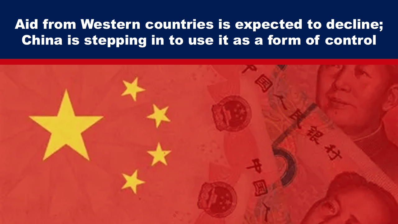 AugFeat27 - The Expose Expose News Chinese flag and currency image with text about declining Western aid and China's increasing influence.