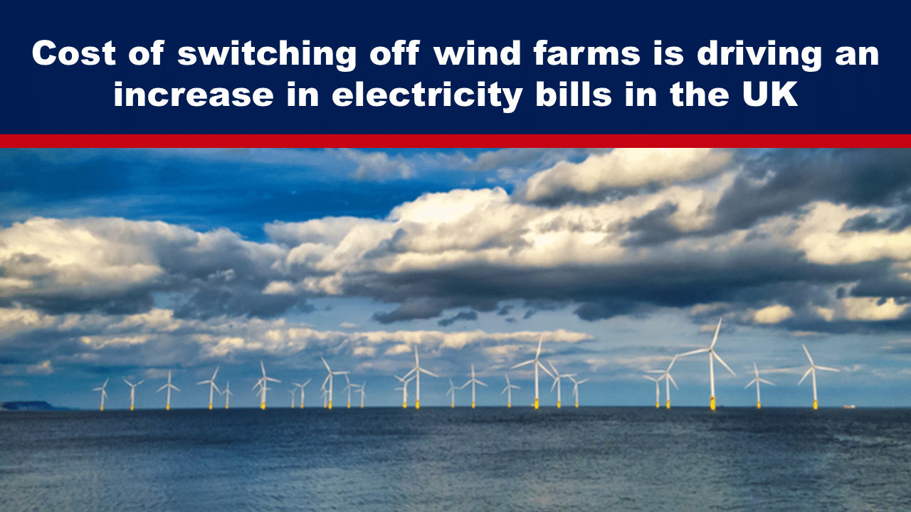 AugFeat28 - The Expose Expose News UK offshore wind farm with cloudy sky, highlighting rising electricity costs due to wind farm shutdowns. Renewable energy impact discussion.