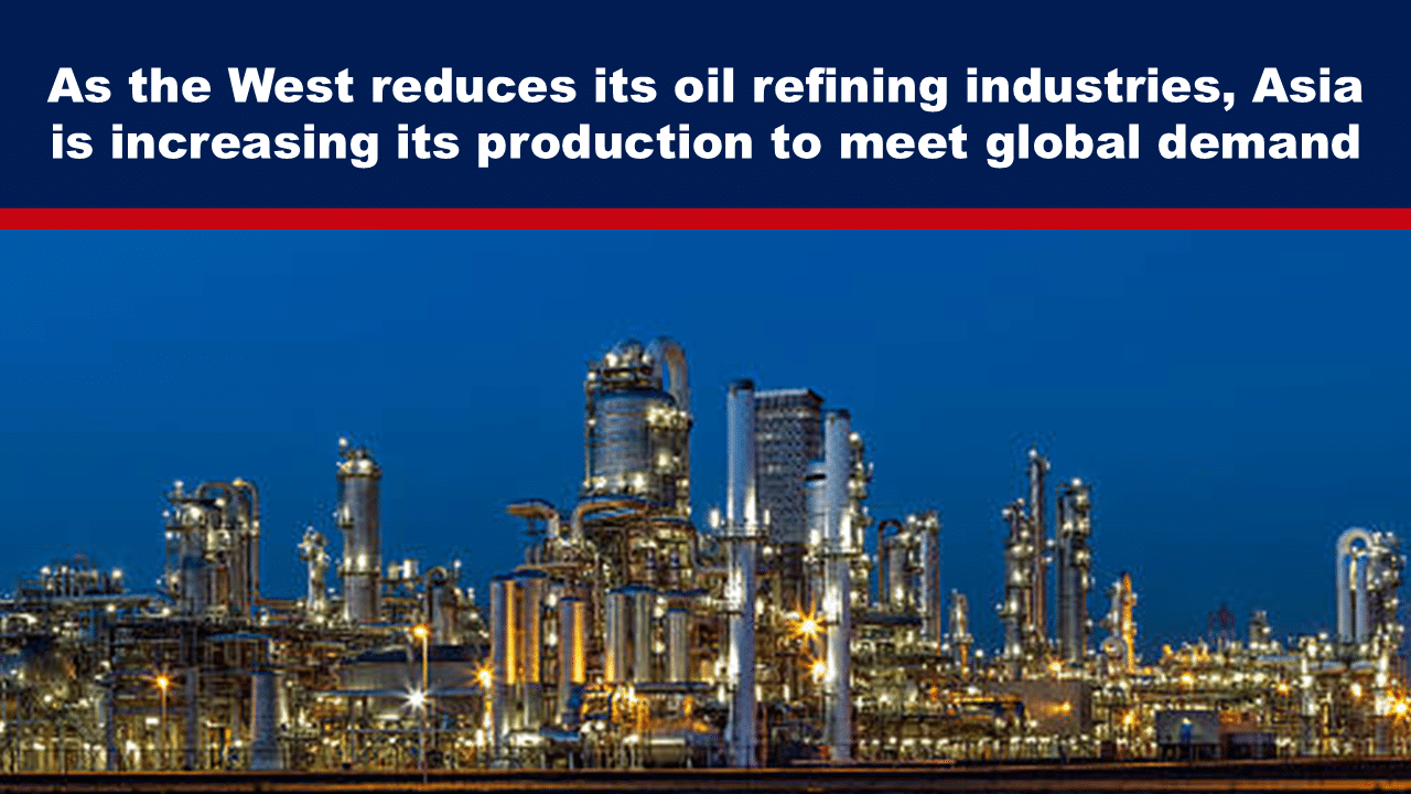 AugFeat28a - The Expose Expose News Oil refinery at night with bright lights against a blue sky, highlighting Asia's increase in production as Western industries reduce output.