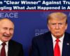 U.S. President Donald Trump sits with a tense, dissatisfied expression while Russian President Vladimir Putin laughs confidently beside him during a formal summit setting, highlighting their contrasting moods and perceived power dynamic.