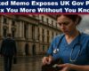 A middle-aged nurse in blue scrubs stands outdoors in front of a large, historic UK government building on a cloudy day. She looks down with concern at the few coins in her brown wallet. In the background, a suited man carrying a briefcase walks away toward the building, his figure blurred, creating a sense of distance and detachment. The wet pavement and overcast sky add to the sombre, uneasy mood.