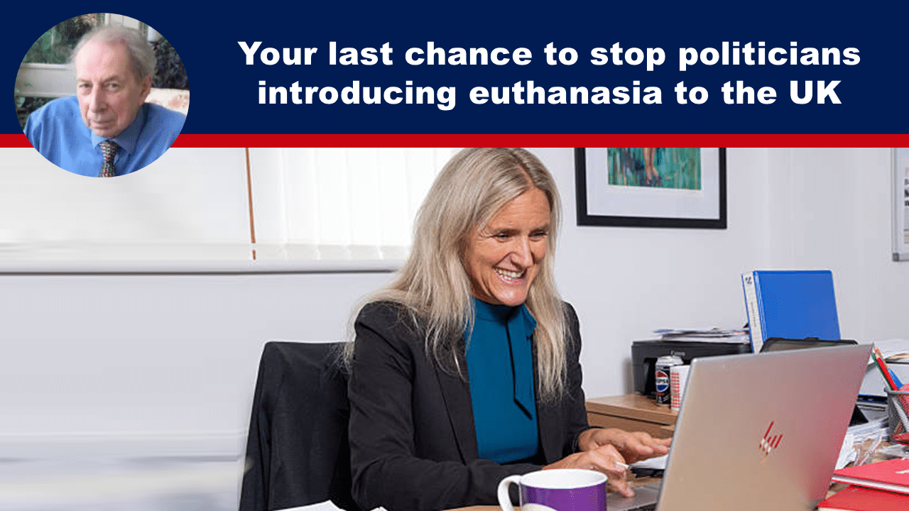 Stop Leadbeater's euthanasia bill - The Expose Expose News Woman at desk urging action: Your last chance to stop politicians from bringing euthanasia to the UK! Get involved today!