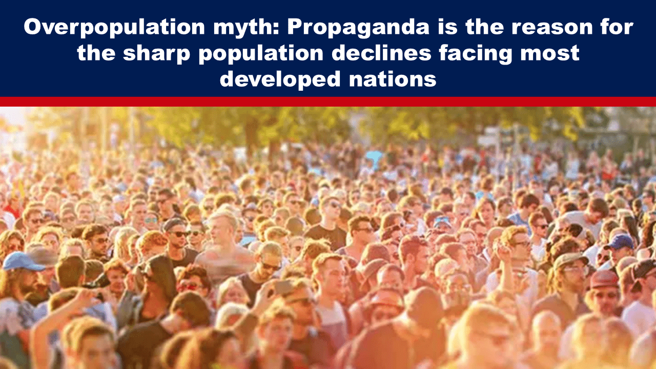 Expose News: Crowded city scene challenging the overpopulation myth and exploring propaganda's role in declining populations in developed nations.